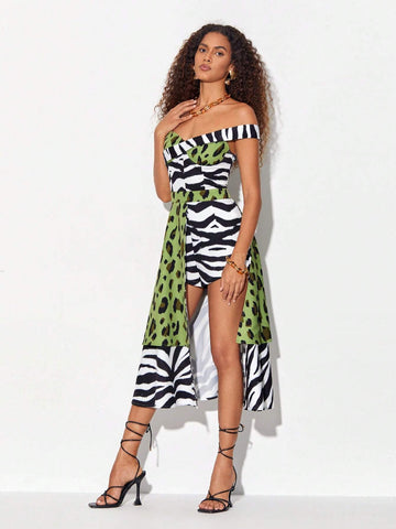Zebra Striped Off Shoulder Skort Romper