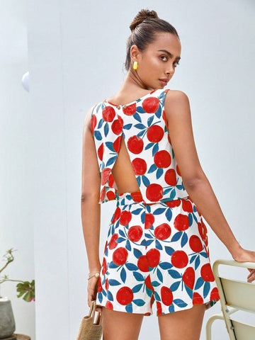 Allover Print Split Back Tank Top & Shorts