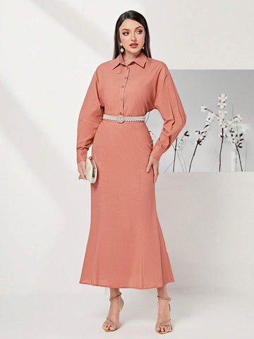 Solid Drop Shoulder Shirt & Mermaid Hem Skirt Without Belt