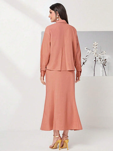 Solid Drop Shoulder Shirt & Mermaid Hem Skirt Without Belt