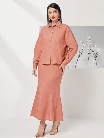 Solid Drop Shoulder Shirt & Mermaid Hem Skirt Without Belt