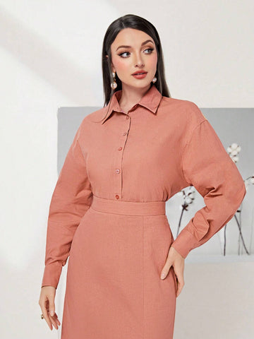 Solid Drop Shoulder Shirt & Mermaid Hem Skirt Without Belt