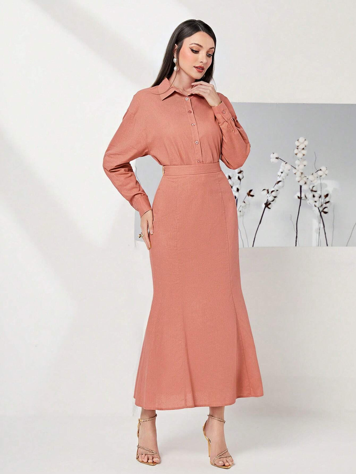 Solid Drop Shoulder Shirt & Mermaid Hem Skirt Without Belt
