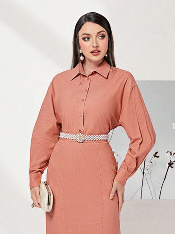 Solid Drop Shoulder Shirt & Mermaid Hem Skirt Without Belt