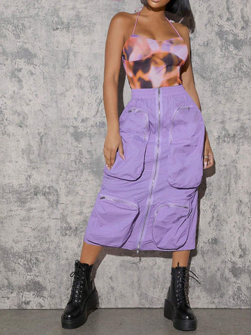 Zip Up Pocket Cargo Skirt