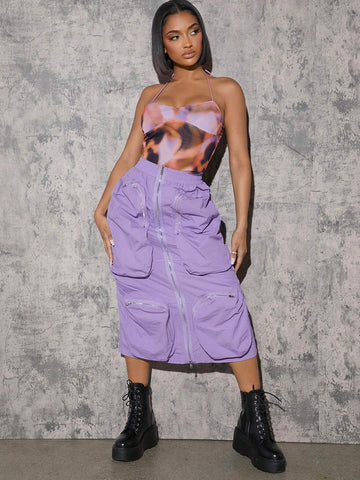 Zip Up Pocket Cargo Skirt
