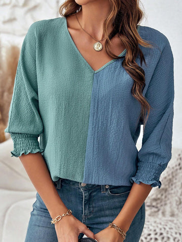 Two Tone Shirred Cuff Blouse
