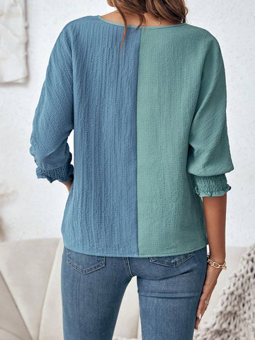 Two Tone Shirred Cuff Blouse