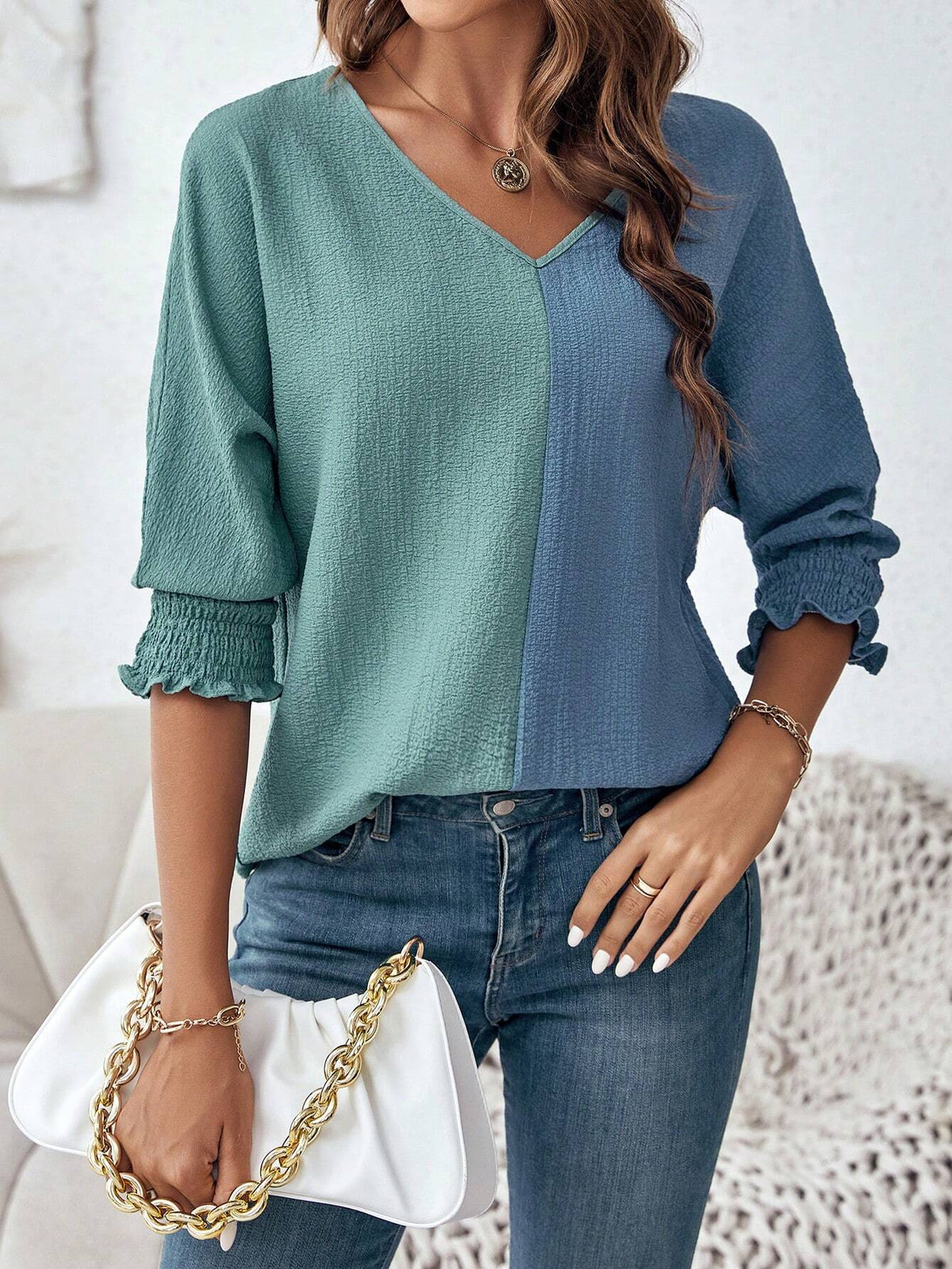 Two Tone Shirred Cuff Blouse