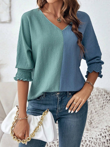 Two Tone Shirred Cuff Blouse