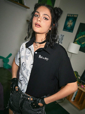 ROMWE Two Tone Cartoon Graphic Button Front Shirt