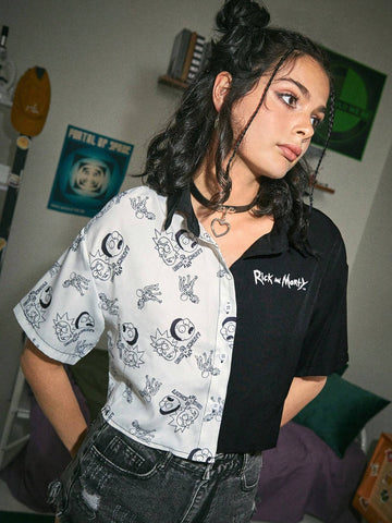 ROMWE Two Tone Cartoon Graphic Button Front Shirt