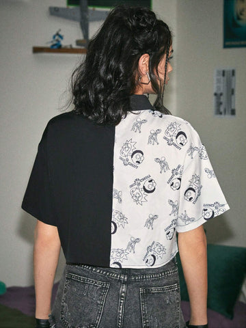 ROMWE Two Tone Cartoon Graphic Button Front Shirt