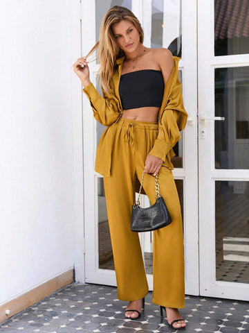 Solid Button Front Shirt & Drawstring Waist Pants