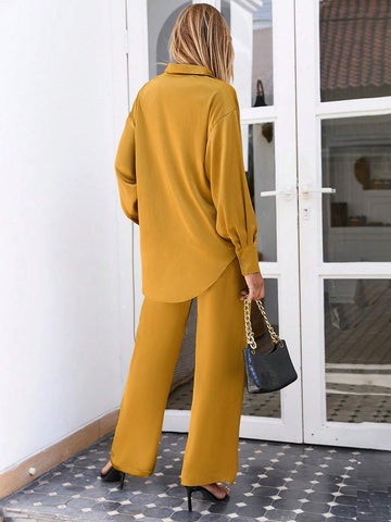 Solid Button Front Shirt & Drawstring Waist Pants