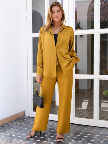 Solid Button Front Shirt & Drawstring Waist Pants