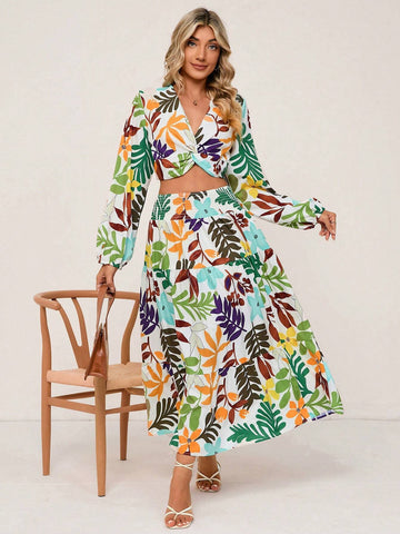 Tropical Print Lantern Sleeve Crop Top & Skirt