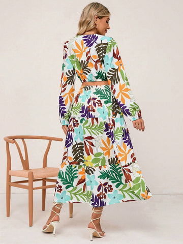 Tropical Print Lantern Sleeve Crop Top & Skirt