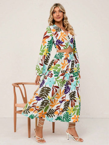 Tropical Print Lantern Sleeve Crop Top & Skirt