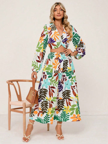 Tropical Print Lantern Sleeve Crop Top & Skirt