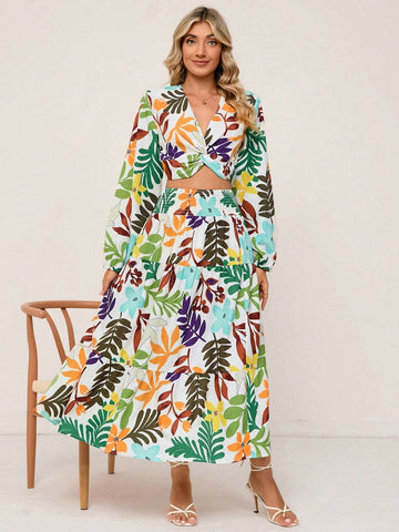 Tropical Print Lantern Sleeve Crop Top & Skirt