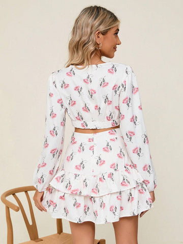 Floral Print Lantern Sleeve Crop Top & Ruffle Hem Skirt