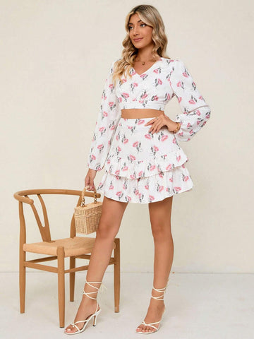 Floral Print Lantern Sleeve Crop Top & Ruffle Hem Skirt