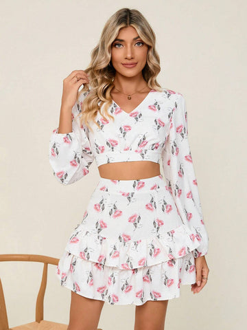 Floral Print Lantern Sleeve Crop Top & Ruffle Hem Skirt