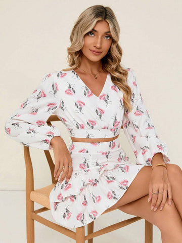 Floral Print Lantern Sleeve Crop Top & Ruffle Hem Skirt