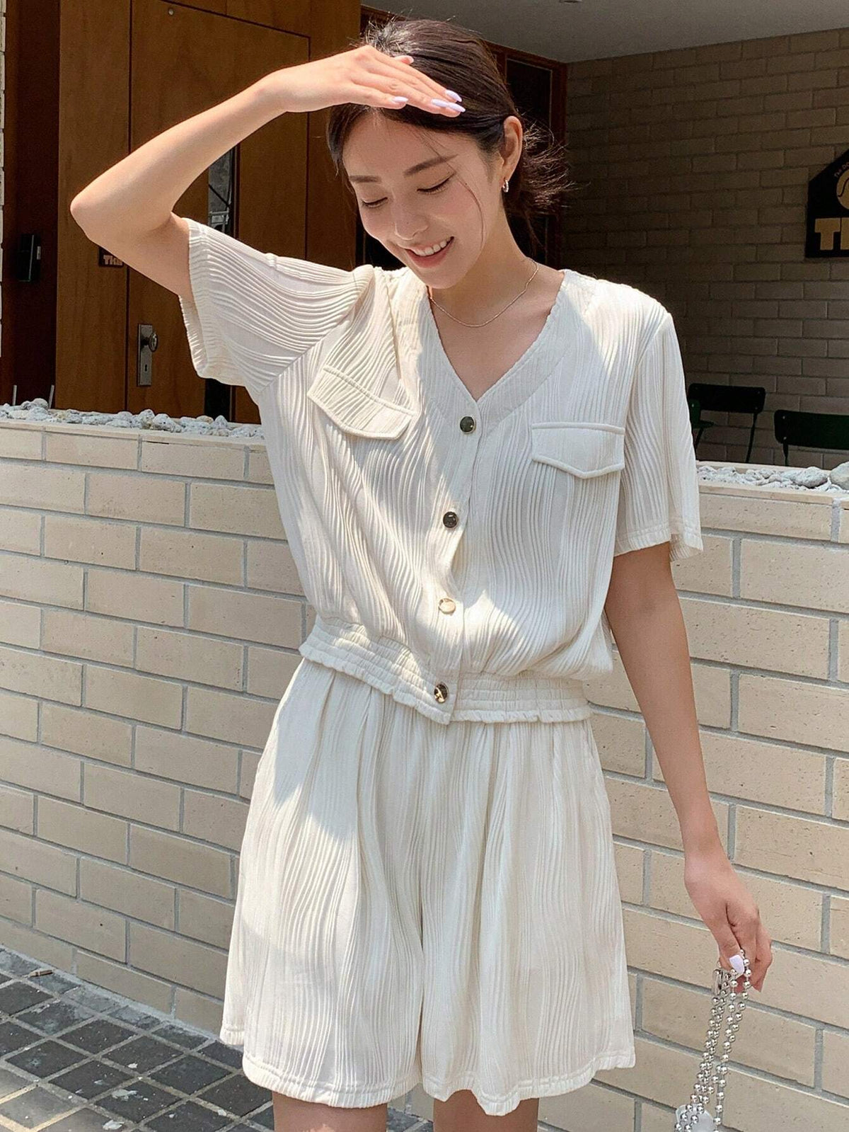 DAZY Flap Detail Button Front Blouse & Shorts