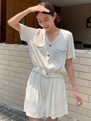 DAZY Flap Detail Button Front Blouse & Shorts