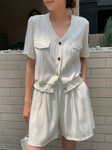 DAZY Flap Detail Button Front Blouse & Shorts