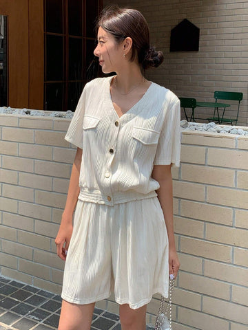 DAZY Flap Detail Button Front Blouse & Shorts