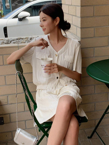 DAZY Flap Detail Button Front Blouse & Shorts