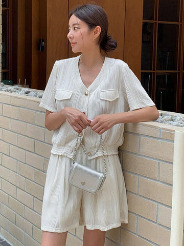 DAZY Flap Detail Button Front Blouse & Shorts