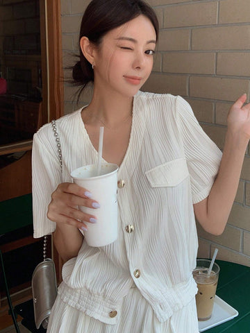 DAZY Flap Detail Button Front Blouse & Shorts