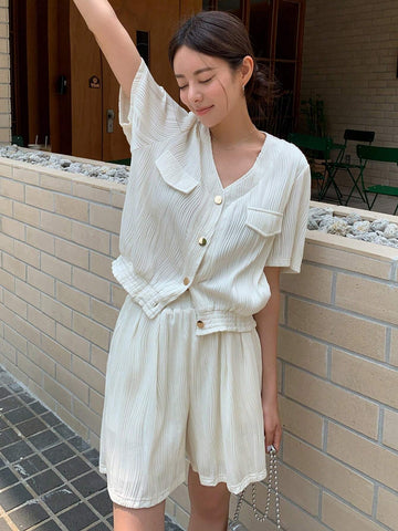 DAZY Flap Detail Button Front Blouse & Shorts