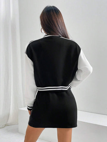 Letter Graphic Striped Trim Drop Shoulder Crop Jacket & Skirt