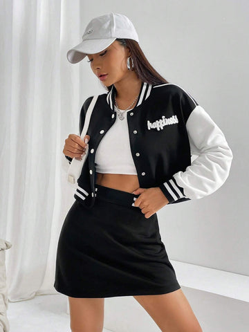 Letter Graphic Striped Trim Drop Shoulder Crop Jacket & Skirt