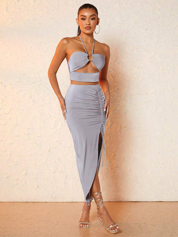 Cut Out Halter Top & Drawstring Split Thigh Skirt