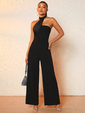 Solid Halter Neck Wide Leg Jumpsuit