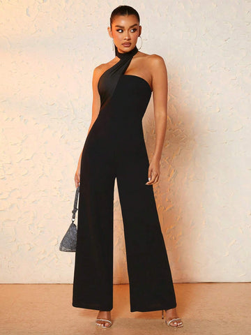 Solid Halter Neck Wide Leg Jumpsuit
