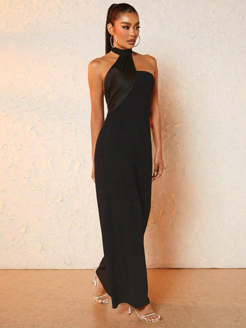 Solid Halter Neck Wide Leg Jumpsuit