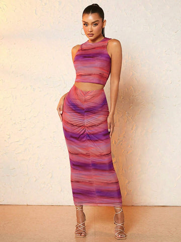 Allover Print Tank Top & Ruched Pencil Skirt