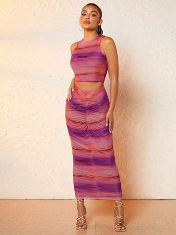 Allover Print Tank Top & Ruched Pencil Skirt