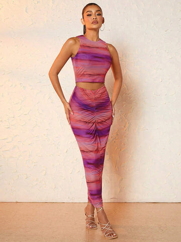 Allover Print Tank Top & Ruched Pencil Skirt