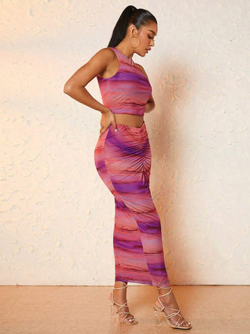 Allover Print Tank Top & Ruched Pencil Skirt