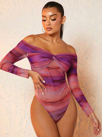 Off Shoulder Twist Front Mesh Bodysuit