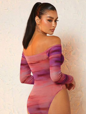 Off Shoulder Twist Front Mesh Bodysuit