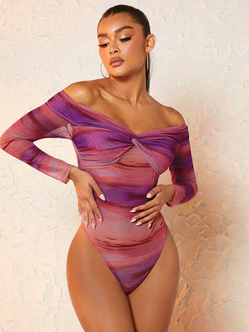 Off Shoulder Twist Front Mesh Bodysuit